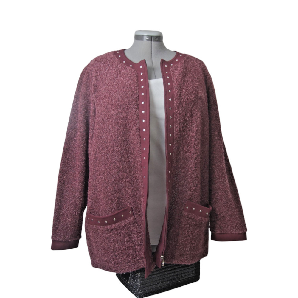 Cathy Daniels Burgundy Boucle Full Zip Cardigan Sweater Studded Plus 2X
